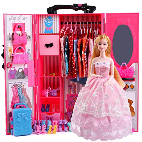 UCanaan Puppen KleiderSchrank Set für Puppen Kleidung (Auch Geeignet für 11,5 Zoll Mädchen Puppen) 44 TLG Zubehör Enthaltene Mode Kleider Schuhe Taschen Kleiderbügel und Ständer