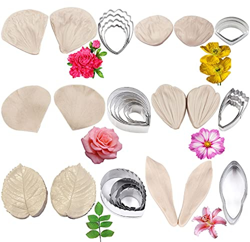 12 Gumpaste Flower Silicone Veiner Mould and Stainless Steel Fondant Cutter | Sugarcraft Flower Making tool,Flower Cookie Cutter,DIY Handmade Sugar Flower Silicone Pressing Mould,Birthday Cake Decorating