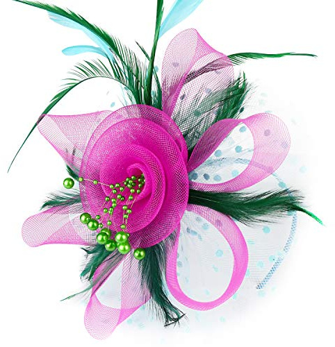 DRESHOW Fascinator Hüte für Damen Pillbox Hut mit Schleier Stirnband und Einer Gegabelten Clip Tea Party Kopfbedeckung