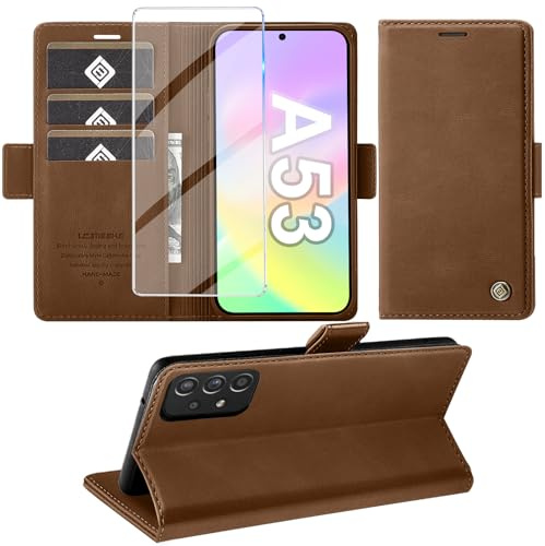Giyer für Samsung Galaxy A53 5G Hülle mit Schutzfolie, Handyhülle Galaxy A53 5G Standfunktion Kartenfach Wallet Premium Leder Schutzhülle A53 5G Flip Case Cover Stoßfeste Klapphülle (braun)