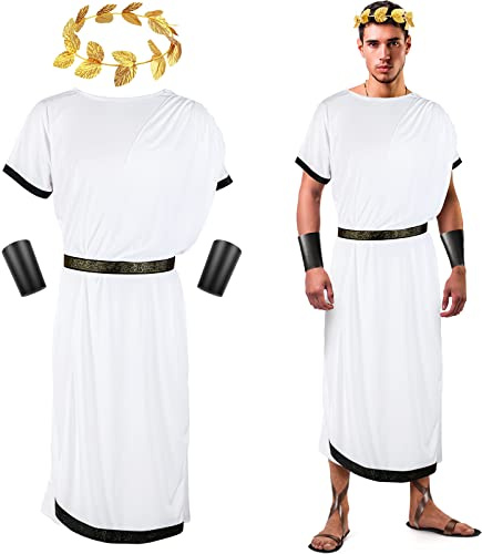 SATINIOR 4 Stück Herren Weiß Toga Griechischer Gott Kostüm Erwachsene Party Toga Caesar römisches Kostüm mit Blatt Lorbeerkranz Leder Armband (groß)