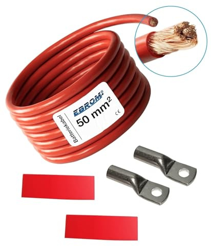 EBROM Batteriekabel „DIY SET PLUS Kabel ROT - 50 mm² von 30 cm bis 10 Meter, Ringösen Kabelschuhe M6/M8/M10/M12 kombinierbar, Ihre Auswahl: Vollkupfer Pluskabel 50 mm2, 200 cm Kabelschuh 2 x M8