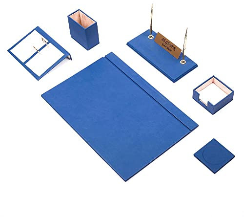 blaues Leder-Schreibtisch-Set – Schreibtischunterlage – Notizpapierhalter – Stifthalter – Lederuntersetzer – Schreibtischzubehör – Schreibtisch-Organizer – Blau (8PCS)