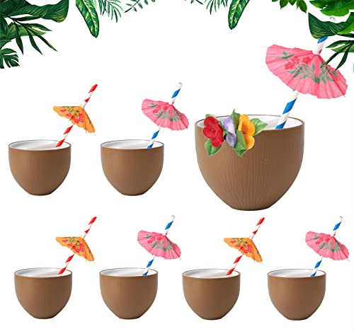 Gukasxi Lot de 6 gobelets hawaïens en noix de coco avec pailles en papier, gobelets en noix de coco tropicaux hawaïens pour cocktail, fête d'anniversaire sur le thème des fêtes