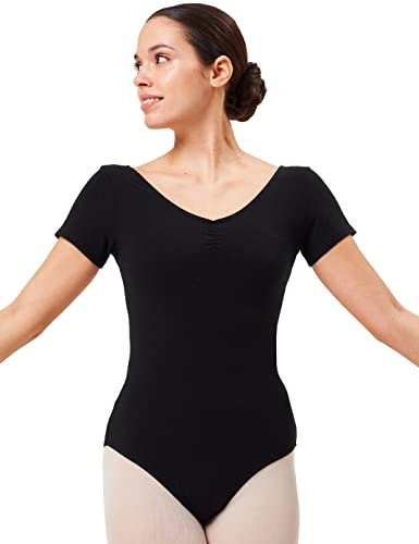 tanzmuster Ballett Trikot Damen Kurzarm - Fenja - Baumwolle - Bustier - geraffter Ausschnitt - schwarz 40 - Tanz Body - Ballettkleidung für Erwachsene