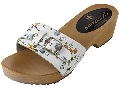 APREGGIO - Zoccoli da Donna in Pelle Liscia - Eleganti Sandali Estivi da Donna con Tacco Alto - Stile Svedese - Punta Aperta - Suola in Legno - per L'Estate - Bianco con Fiori- Taglia 41 EU