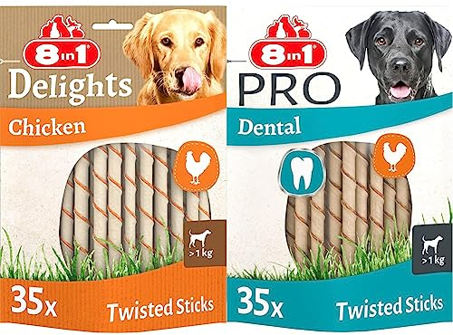 8in1 Delights Chicken Twisted Sticks - gesunde Kaustangen für Hunde, hochwertiges Hähnchenfleisch eingewickelt in Rinderhaut & Pro Dental Twisted Sticks - gesunde Kaustangen für Hunde zur Zahnpflege