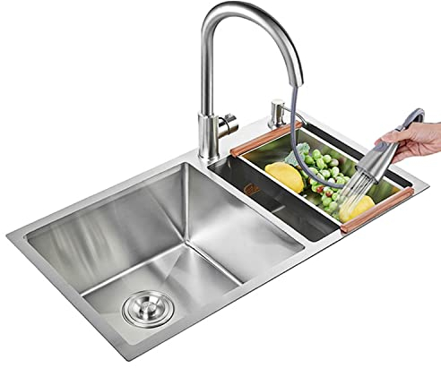 Fregadero de cocina de acero inoxidable, fregadero doble con dispensador de jabón y escurridor (color: gris pistola, S: 78 x 43 x 22 cm) B