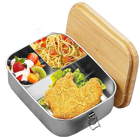 Qivine Stainless Steel Lunch Box, 1200ML Metal Lunch Box with Wooden Lid, Bento Box Lunchs BoxesAdults 3 Compartment Sandwich Boxes for Adults with Fork & Spoon for School, Office, Picnic