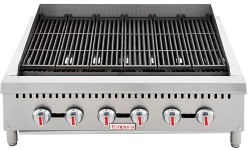 EMPURA 36 Countertop Gas Radiant Charbroiler with Reversible Cast-Iron Grate for Buffet Food Truck | (6) Burners, 120,000 BTU | 36W x 32.3D x 13.3H, Stainless Steel (Includes: LP Conversion Kit)
