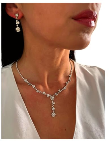 ONDEGO® 2er Set Y Schmuck Damen – Silber Strass Halskette mit Ohrringen – Verstellbare Kette 38–48 cm, elegantes Collier für Hochzeit, Abiball, Kommunion & festliche Anlässe