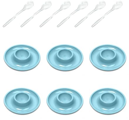 Westmark 6 Eierbecher, rund, ø10 cm + 6 Eierlöffel 14,5 cm, Hochwertiger Kunststoff, Punto, Blau/Transparent, 206222E7