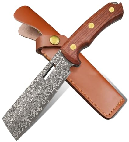 JINPIKER Damast Survival Outdoor Messer Jagdmesser Scharf Bushcraft Damaststahl überlebensmesser Feststehend Klinge Helle Gürtelmesser mit Lederscheide Für Camping Jagd (Damast-002)