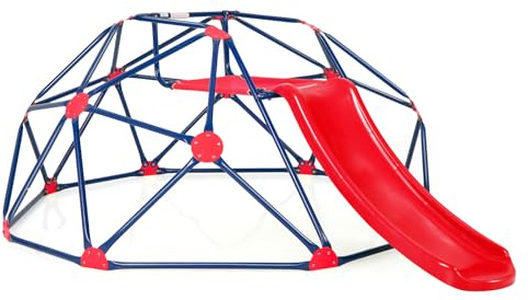 DREAMADE Kletterkuppel mit Rutsche, Kletterleiter, Spielturm Garten Kletterleiter bis zu 180 kg belastbar, Klettergerüst Outdoor für Jungen und Mädchen ab 3 Jahren (Rot)