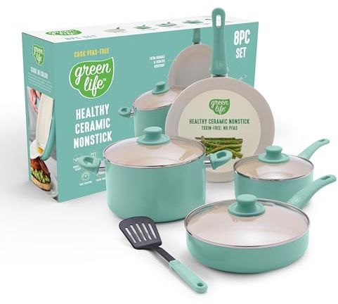 GreenLife Soft Grip 8-teiliges Kochgeschirr-Set, ungiftig, PFAS-frei, Keramik, antihaftbeschichtet, Braten, Soße, Sautieren, Utensilien, Glasdeckel, kühlbleibende Griffe, wackelfrei, spülmaschinen-