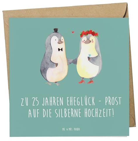 Mr. & Mrs. Panda Grußkarte 25. Hochzeitstag Silberne Hochzeit - Geschenk, 25 Jahre Ehe, Glückwunschkarte, unvergesslich, Silberhochzeit, Heirat, Geschenke, Klappkarte, faltkarte, doppelkarte, Ehepaar