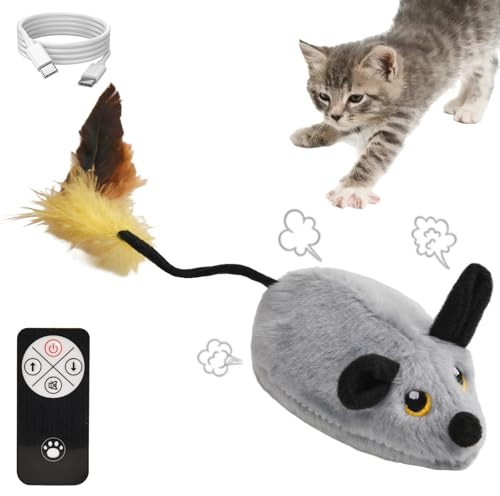DAOUZL Elektrische Spielmaus für Katzen, Fernbedienung Maus Katzenspielzeug, Interaktives Katzenspielzeug mit LED-Licht Realistischen Geräuschen USB-Aufladung, Katzen (Grau)