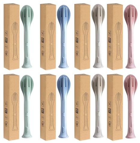 Vastsea 8 Pièces Set de Couverts Portables en Plastique, Couvert en Plastique Reutilisable, Couverts de Camping Plats avec Couteaux Fourchettes et Cuillères pour Randonnée, Pique Nique, Bureau