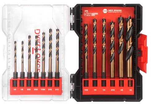 VALYRIANTOOL 13PCS HSS Brad Point Wood Drill Bits Set for Carpenter Woodworking, 1/4 Hex Shank Black Gold for Hardwood, Plywood, Plastic 1/8-1/2