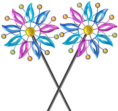 VeyFolzin.st Metal Outdoor Wind Spinner, 2-Way Wind Sculpture Spinner with Metal Stake, Waterproof 360 Degrees Kinetic Windmill Art Decoration for Patio Garden Lawn (2PC Colorful with Diamonds B)