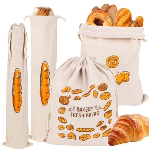 4 Stück Brotbeutel Leinen mit Kordel 40 x 30cm Wiederverwendbarer Leinenbeutel für Brot, Brotbeutel Aufbewahrung Frischhalten Waschbarer Brotsack Stoff für Brot, Baguette, ObstGemüse
