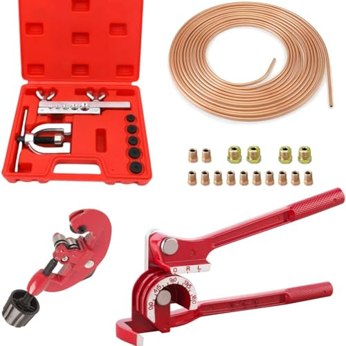 Kit Outils d'évasement de Tuyaux de Freins, Ligne Frein en Acier Cuivré 7.6 M, Ø4,75mm avec 16 Raccords, Coupe-tube, Cintreuse de Tubes, Idéal Pour Les SystèMes De Freinage Hydrauliques De Voiture