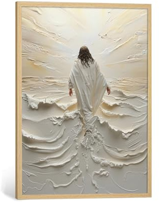 BIBLSPACE Jesus Walking on Water Wandkunst, Naturholz, gerahmt, religiöse Wanddekoration, christliche Gemälde für Wohnzimmer, Bibelversen, Bilder für Schlafzimmer, moderne christliche Leinwandkunst