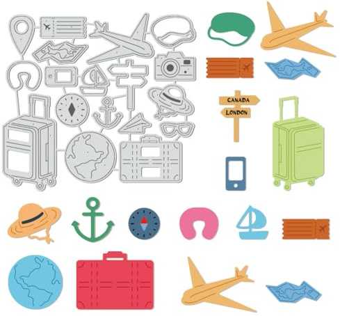 UNICRAFTALE 18 Stück Globus Reise Metall Stanzformen Zum Basteln Karten Koffer Kamera Präge Stanzformen Set Vorlagen Aufbewahrungstaschen Zubehör Für Scrapbooking Alben Handgefertigtes Kunsthandwerk