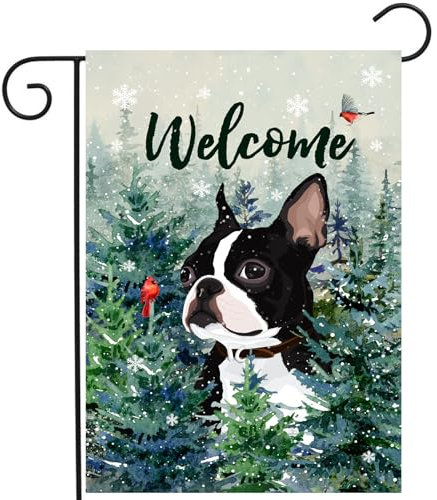 Gartenflagge Willkommen Winter Terrier Kardinal Vögel Auf Verschneiten Kiefer Baum Hund Weihnachten Outdoor Fahne Top Qualität Banner Wetterfeste Flag Für Innen Außen Wall 30X45Cm