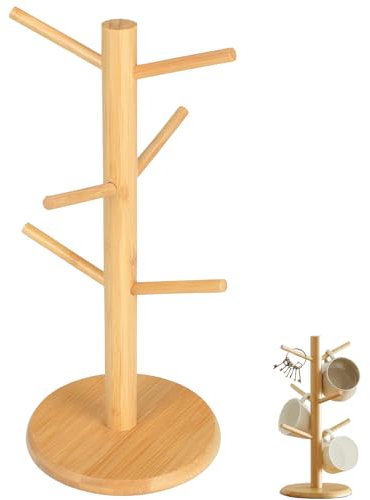 Oycjinxuan Wooden Mug Tree,Sturdy Cup Holder Kitchen Accessories,Housewares Kitchen Organiser Storage,Stable Mug Holder for Coffee & Tea Multi-Function,Tree 6 Mugs for Tabletop Jewelry Display