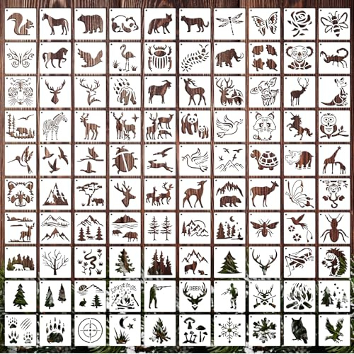 SRIZIAN 100 Pcs Schablonen für Kunsthandwerk Wiederverwendbar, Natürliche Tier MalereiSchablonen von Hirsch, Bär, Berg, für Rock Holz Zeichen Leinwand und Home Decor