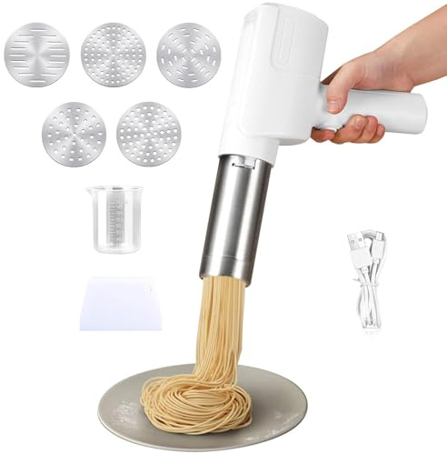 Machine à Pâte Électrique Portable 2000 mAh, Laminoir à Pâtes Fraîches sans Fil avec 5 Moules Amovibles, Appareil Automatique Multifonctionnel Pasta Maker en Acier Inoxydable
