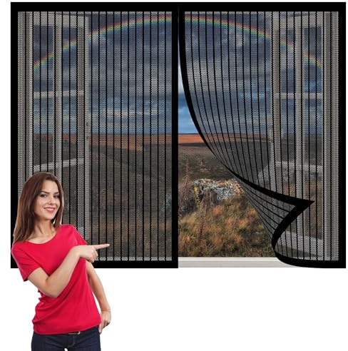 Mosquitera para Ventanas 193 x 119 cm sin Taladrar Cortina Mosquitera con Imanes Cierre Automático Autoadhesivo para Balcón y Puerta Ventana, Negro