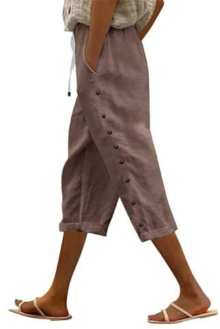 Linen Trousers Womens Drawstring Elastic Waist Cropped Trousers Lightweight Summer Capri Pants with Pockets Casual 3/4 Length Trousers Beach Pants for Ladies