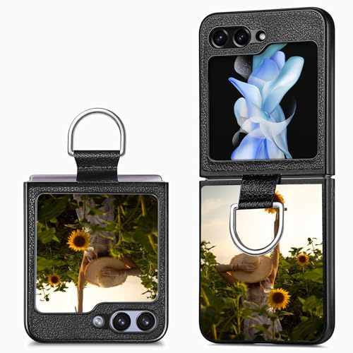 CAXKJE Black Personalised Photo Phone Case for Samsung Galaxy Z Flip 7 6 5 4 3,Design Your Own Photo Image,Text Phone Case,Premium Leather Cover Case,Personalised Case,PZH-Black