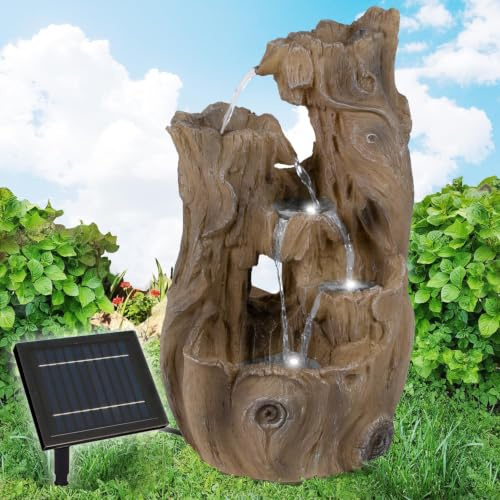 Solar Gartenbrunnen Brunnen Solarbrunnen Zierbrunnen Wasserfall Gartenleuchte Teichpumpe Basalt-Kaskade für Terrasse, Balkon, mit Li-Ion-Akku & LED Licht (23 x 20 x 42 cm, 1, Stück)