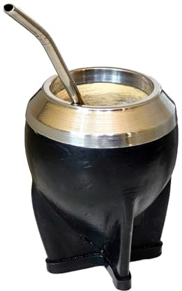 Tasse citrouille de mat argentin naturel - Fabriquée en citrouille et extérieur en cuir noir avec bord en acier inoxydable de qualité supérieure (torpedo)