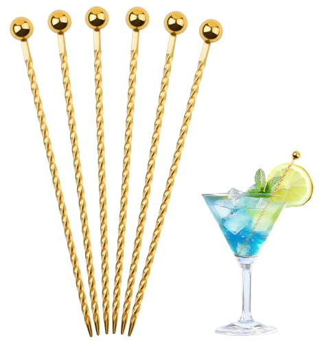 6 Stück Cocktailspieße Edelstahl, Wiederverwendbare Cocktail Sticks, Cocktail Pick Martini Picks für Fingerfood, Obst, Oliven, Vorspeisen und Cocktail-Party (Golde)