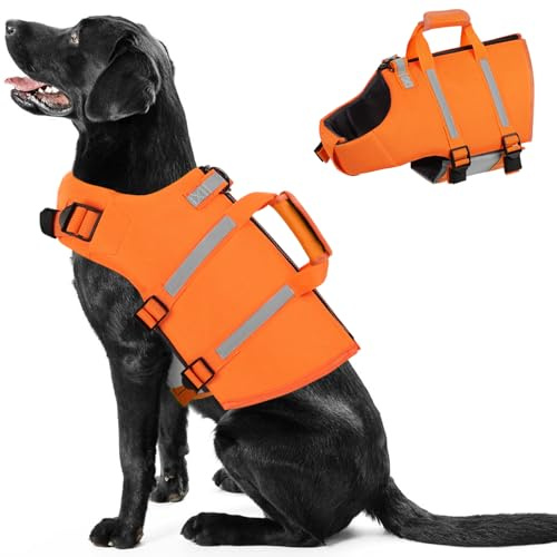 PUZAUKAL Giubbotto Salvagente Cane Ripstop Salvagente per Cani con Manico e Strisce Riflettenti Giubbotto di Salvataggio per Cani regolabile con Buona Galleggiabilità per Nuoto,Spiaggia(Arancione M)