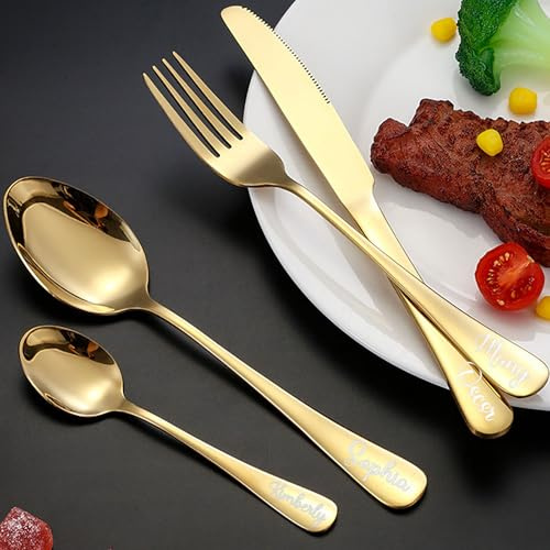 Cubiertos Grabados Personalizados, Juego de 4 Piezas, Juego de Cubiertos de Acero Inoxidable Grabados, Cubiertos Personalizados para Adultos, Tenedor, Cuchillo, Cuchara y Cucharilla (Oro)
