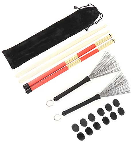 Taidda Drum Rute Kit de Baguettes Réglables avec Amortisseur de Brosse, Outils pour Instruments de Musique, Batteur Essentiel, Caoutchouc + Fil D'acier + Matériau en Bambou (M02763 noir)