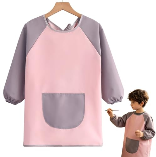 Malkittel Schule 1. Klasse,Malschürze Kinder 8-10 Jahre,Malerkittel Wasserdicht Kinderschürze,Malschürze Junge Mädchen ab 6 Jahre,Tuschkittel mit Big Taschen und Ärmeln für Kunst Malerei (Rosa+Grau)