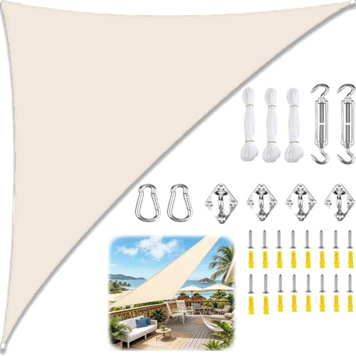 Tenda a Vela Triangolare, Vela Ombreggiante Triangolare Impermeabile con Kit di Fissaggio Corda, Tenda da Sole Telo Parasole Ombreggiante per Giardino Patio Piscina-Creamy-white||3x4x5M
