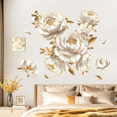 decalmile Stickers Muraux Fleurs Blanc et Doré Autocollant Mural Pivoine Floral Doré Feuilles Plante Décoration Murale Salon Chambre Salle de Bai