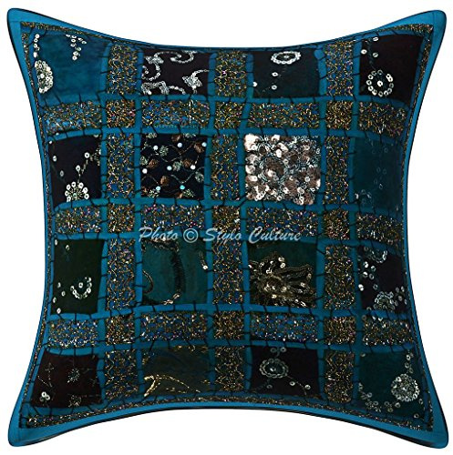Stylo Culture Ethnico Fundas Cojines Decorativa 40x40 cm Algodón Geométrico Funda Almohadon Sofa Turquesa 16x16 Inch Labor De Retazos Cuadrado sobre Fundas Almohadones para Sillas - 1 Pc