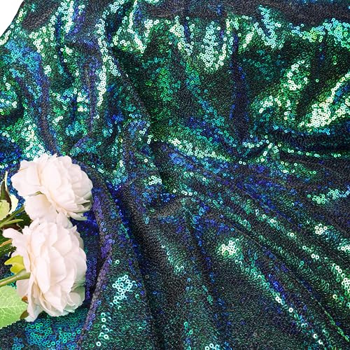 ShinyBeauty Pailletten-Stoff Meterware Schwarz 92CM Sparkly Glitzernder Stoff, 1 Meter, Pfauen Grün