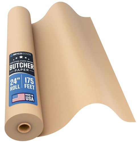 Bryco Goods 24 Inch x 175 Feet, Brown Butcher Paper Roll, Unbleached, Uncoated, Unwaxed, Food-Grade, Wide Kraft Paper for BBQ, Smoking, Grilling, Wrapping Meat, Table Covering - USA Made