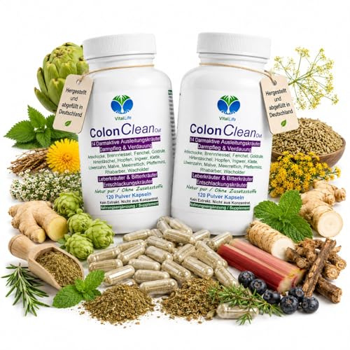 Colon CleanOut 14 Kräuter 2x120 Darm Aktiv 240 Kapseln. DARMFLORA pflegen + natürliche Darmreinigung + Darm-Entgiftung + Verdauung & Entschlackung unterstützen. Natur pur. Ohne Zusatzstoffe. 26540-2