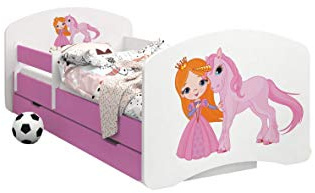 Happy Babies - Dubbelsidig rosa barnsäng med skolavslutning modern design med säkra kanter och fallskydd skummadrass 7 cm (40. Prinsessa och enhörning, 140 x 70)