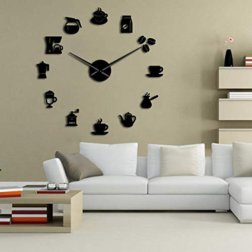 Beisite Tazza da caffè Arte da Parete Caffetteria Orologi da Parete giganti DIY Cafe House Adesivi DIY Decorativi Grandi lancette Orologio Senza Cornice Grande Orologio (Nero, 47)